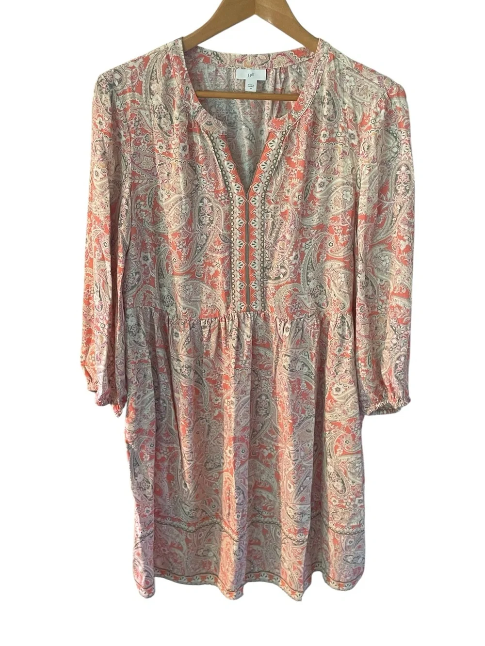 C50- J. Jill Coral and Cream Paisley Peasant Dress Medium